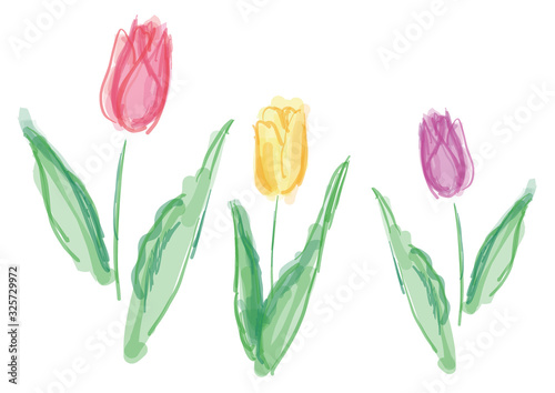 チューリップ ベクター イラスト 赤 黄色 紫 水彩 水彩風 パステルカラー かわいい きれい きれいな 春 春の花 花 植物 白バック 白背景 手描き 手書き 筆書き 筆描き カット 挿絵 素材 イラストレーション 自然 明るい 手描き風 Stock Vector