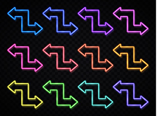 Wall Mural - glowing color neon light arrows set isolated on transparent background. pointer direction symbol. re