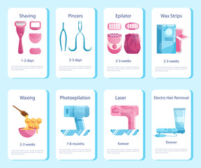 Hair removal methods for women and duration set. Epilation beauty