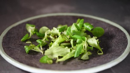 Wall Mural - Vegan and raw food concept. Mixing green salad falling on stone plate. Top view.