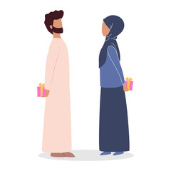 Canvas Print - Modern muslim couple on a date giving a gift. Arabian woman and man