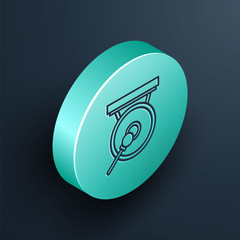 Isometric line Gong musical percussion instrument circular metal disc and hammer icon isolated on black background. Turquoise circle button. Vector Illustration