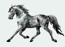 Silver Running Pony Drawn In Polygonal Style, Monochrome Isolated Image On A White Background