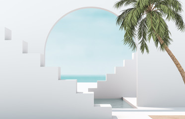Leinwandbilder - Scene with geometrical forms, arch with a podium in natural day light. minimal landscape background. sea view. Summer scene. 3D render background.