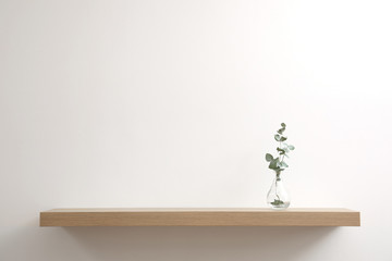 wooden shelf with plant in vase on light wall