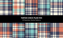 Plaid Pattern Set. Seamless Multicolored Check Plaid Graphics In Blue, Turquoise, Orange, And Off White For Flannel Shirt, Blanket, Throw, Duvet Cover, Or Other Modern Summer Fabric Design.