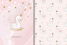 Beautiful Swan Cartoon Character, Card And Seamless Pattern. Graphic For Kids