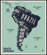 Map South America. Poster map of South America. Black and white print map of South Latin America for t-shirt, poster or geographic themes. Hand-drawn graphic map with countries. Vector Illustration