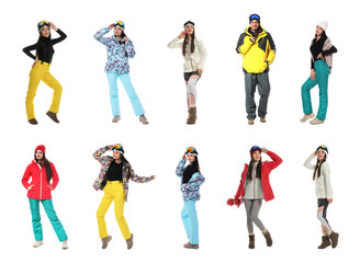 Wall Mural - Collage of people wearing winter sports clothes on white background