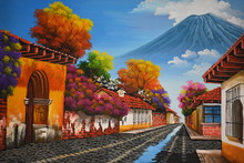 Pintura Casas Y Volcán