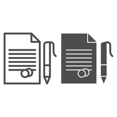 Poster - Document with pen and stamp line and solid icon. Agreement contract with stamp. Jurisprudence vector design concept, outline style pictogram on white background, use for web and app. Eps 10.