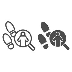 Poster - Pathfinder magnifier line and solid icon. Footprint and searching, inspecting crime tracks. Jurisprudence design concept, outline style pictogram on white background, use for web and app. Eps 10.