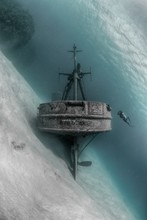 Vertical Shot Of The Famous Sunken USS Kittiwake (ASR-13) Shipwreck In Grand Cayman Island