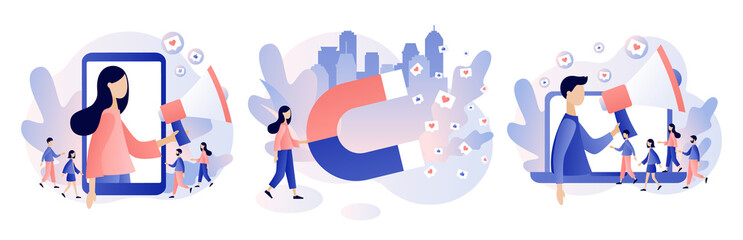 Social media influencer. Key Opinion Leader. Influencer marketing. Tiny people with megaphone and big magnet influencing audiences. Modern flat cartoon style. Vector illustration on white background