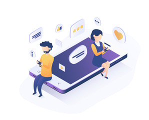 Isometric vector illustration. Concept of online communication. Social media  communication, internet chatting, online forum.