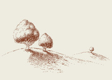 Quiet Place In Nature Wallpaper, Simple Trees Sketch, Zen Garden, Minimalistic Life Style Concept