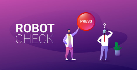 Poster - man press button robot check concept human vs robotic character artificial intelligence concept full length horizontal vector illustration