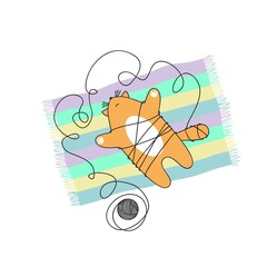 Vector illustration of a cute cat entangled in threads, funny print on a t-shirt