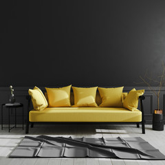 Dark living room interior with yellow sofa mock up, luxury modern living room interior background, black wall, scandinavian style, 3d rendering