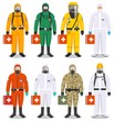 Medical concept. Detailed illustration different doctors in differences protective suits on white background in flat style. Dangerous profession. Virus, infection, epidemic, quarantine. Vector.