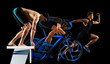Triathlon sport collage. Man running, swimming, biking for competition race
