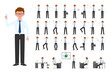 Cartoon character office business man vector illustration. Flat style design eyeglasses worker male person poses set on white background
