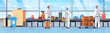 medical workers in hazmat suits cleaning disinfecting baggage conveyor belt at airport coronavirus epidemic MERS-CoV virus concept wuhan 2019-nCoV pandemic health risk full length horizontal vector