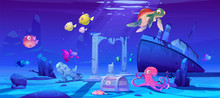 Underwater Background With Ocean Fish, Sunken Ship And Ruins. Vector Cartoon Of Deep Seafloor With Marine Wildlife, Treasure Chest And Shipwrecked Steamboat