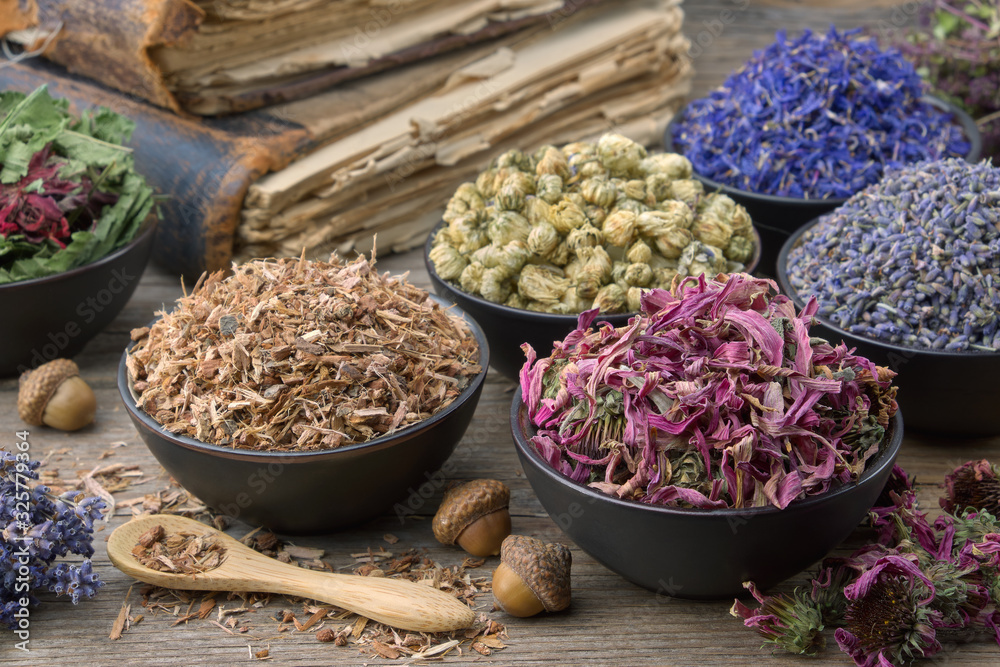 Bowls and mortars of dry medicinal herbs: lavender, cornflower, coneflower, daisies. Healing herbs assortment and old books on wooden table. Herbal medicine. - obrazy, fototapety, plakaty 
