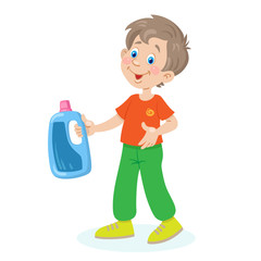 Canvas Print - Funny little boy with a plastic canister in his hand. Garbage removal. In cartoon style. Isolated on white background. Vector illustration.