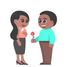Happy African American Couple. A Man Gives A Woman A Red Rose Flower And Declares His Love. The Girl Is Very Moved. Flat Vector Illustration In Cartoon Style.