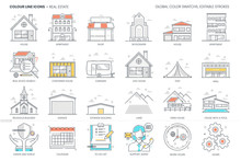 Real Estate Related, Color Line, Vector Icon, Illustration Set