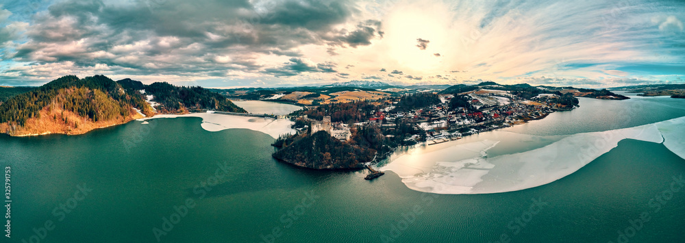 Beautiful panoramic aerial drone view to the Niedzica Castle also known as Dunajec Castle, located in the southernmost part of Poland in Niedzica, Nowy Targ County, Dunajec River, Lake Czorsztyn - obrazy, fototapety, plakaty 