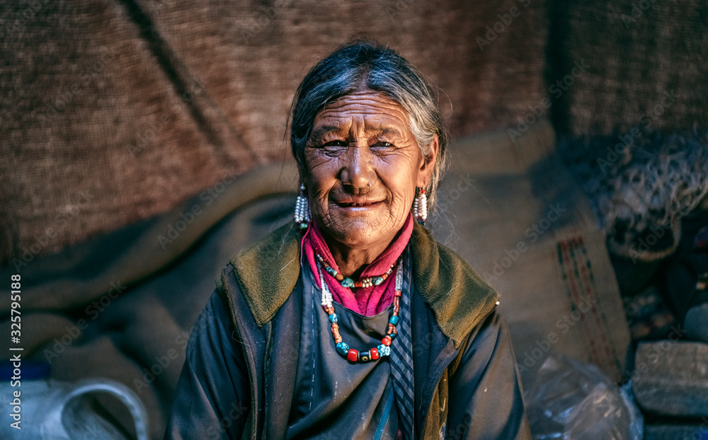 Nomadic old Woman. They live for several months a year in tents, looking for fresh pastures for their goats, from which comes cashmere wool. In Ladakh, Kashmir, India. - obrazy, fototapety, plakaty 