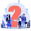© Bro Vector - Confused businesspeople asking questions. Puzzled cartoon characters searching answers and problem solution near big question mark. Vector illustration thinking, help, assistance, trouble for concept