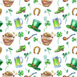 St. Patrick's Day symbols seamless pattern on a white background: leprechaun clothes, pot of coins, clover, smoking pipe, mug with ale.