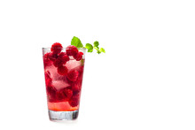 Raspberry Alcoholic Cocktail With Liqueur, Vodka, Ice And Mint On A White Background. Raspberry Mojito. Refreshing Cool Drink, Lemonade Or Ice Tea In A Glass. Close Up, Copy Space For Text