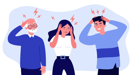 Stressed people suffering from headache, holding head. Sad men and woman tired of their migraine. Vector illustration for pain, depression, stress, healthcare, sickness, disease concept