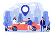 © Bro Vector - Commuters sharing car in city. People searching vehicle with location pointer. Vector illustration for transport rent, transfer, automobile, travel concept
