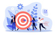 Businesspeople driving arrow to goal. Successful professional team hitting target. Vector illustration for challenge, aim, achievement, teamwork, business, marketing concept