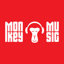 Monkey Enjoys The Music. Relaxing Monkey In Headphones. Logo For Music Studio With Original Lettering.