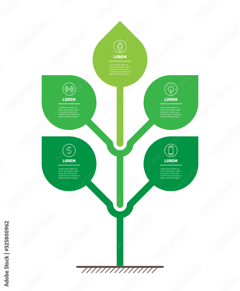 Vertical infographics or timeline with 5 options. Stylized tree with leafs. Development of the eco business or green technology. The modular system allows you to make any number of levels in height. - obrazy, fototapety, plakaty 