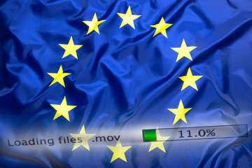 Sticker - Downloading files on a computer, European Union flag