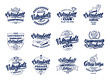 Set of vintage Volleyball emblems and stamps. Blue badges, templates and stickers for club, school on white background.