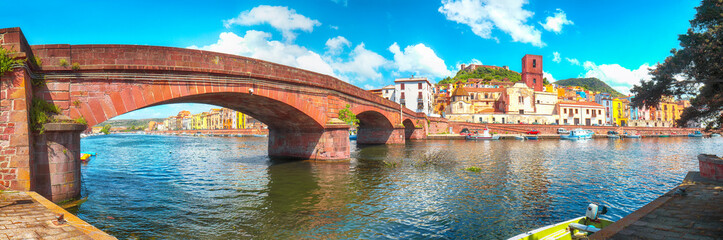 Astonishing cityscape of Bosa town with Ponte Vecchio bridge across the Temo river