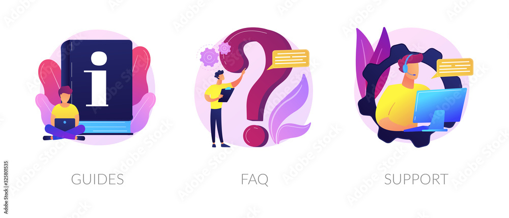 Info center, customer online communication web icons set. Helpdesk, clients assistance, helpful information. Guides, FAQ, support metaphors. Vector isolated concept metaphor illustrations - obrazy, fototapety, plakaty 