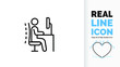 editable real line icon or symbol of a stick figure person sitting in a ergonomics office chair at his desk with a screen for good posture in the workplace to prevent back, spine and neck pain