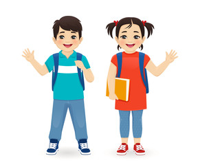 Wall Mural - Smiling school asian boy and girl with backpack waving hand isolated vector illustration