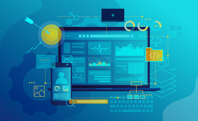 SEO software interface flat vector illustration. Search engine optimization program GUI design. Analytical charts and graphs on mobile phone and laptop screens. Data analysis application concept.