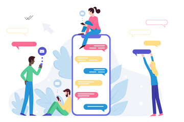 Addicted to technology young mixed race female male people use smartphones, chat in social networks, communicate online, type send messages emails, virtual life concept, cartoon vector illustration